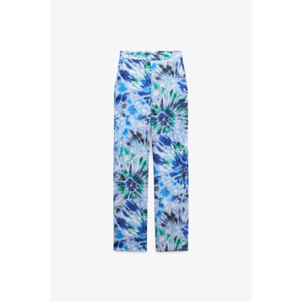 Zara Straight Fit Printed Trousers Pants Satin Blue Green Tie Dye Size Small